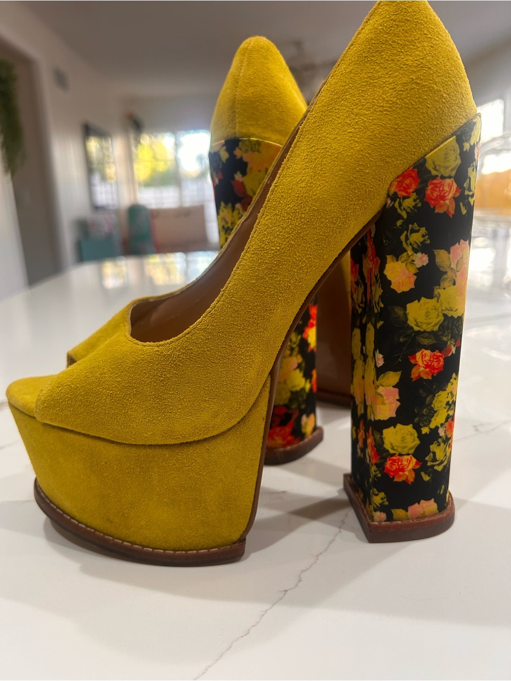 DV by Dolce Vita Yellow Suede Platform Pumps with Floral Block Heel